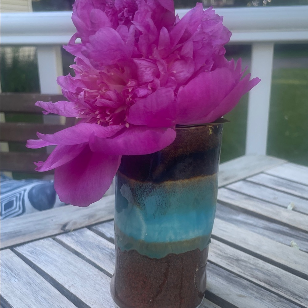 Handcrafted studio pottery vintage Vase with brown and turquoise accents